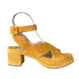 Prada Suede Crisscross Platform Yellow Block Heel Sandals 36.5